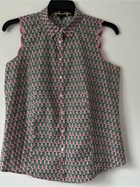 Talbots Pineapple Print Blouse Womens sz 12P Pink Green Sleeveless Button Up Top